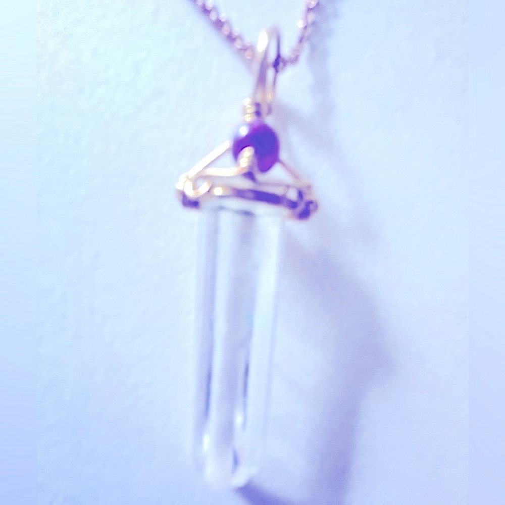 Necklace Quartz Crystal faceted point pendant, Amethyst gold wire-wrap 18” chain